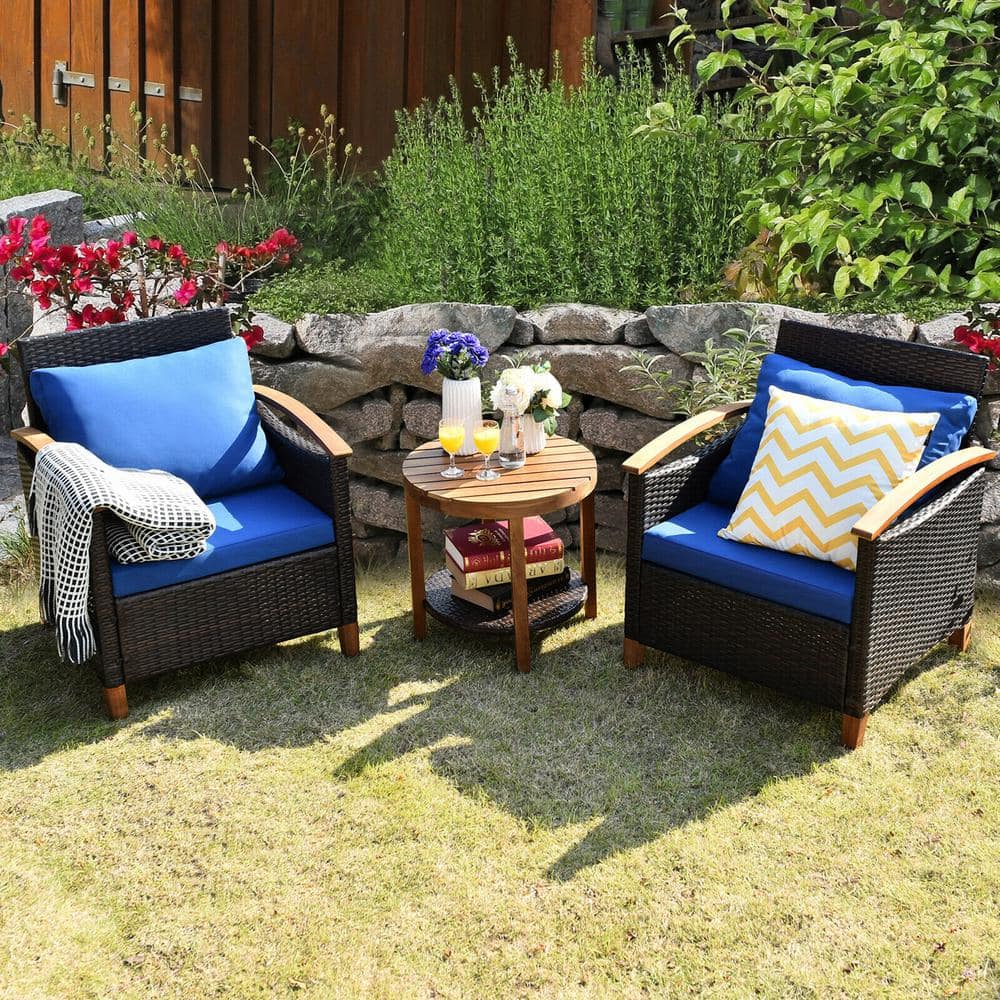 Gymax 3-Pieces Patio Wicker Rattan Conversation Set Outdoor Furniture Set with Blue Cushion GYM05057