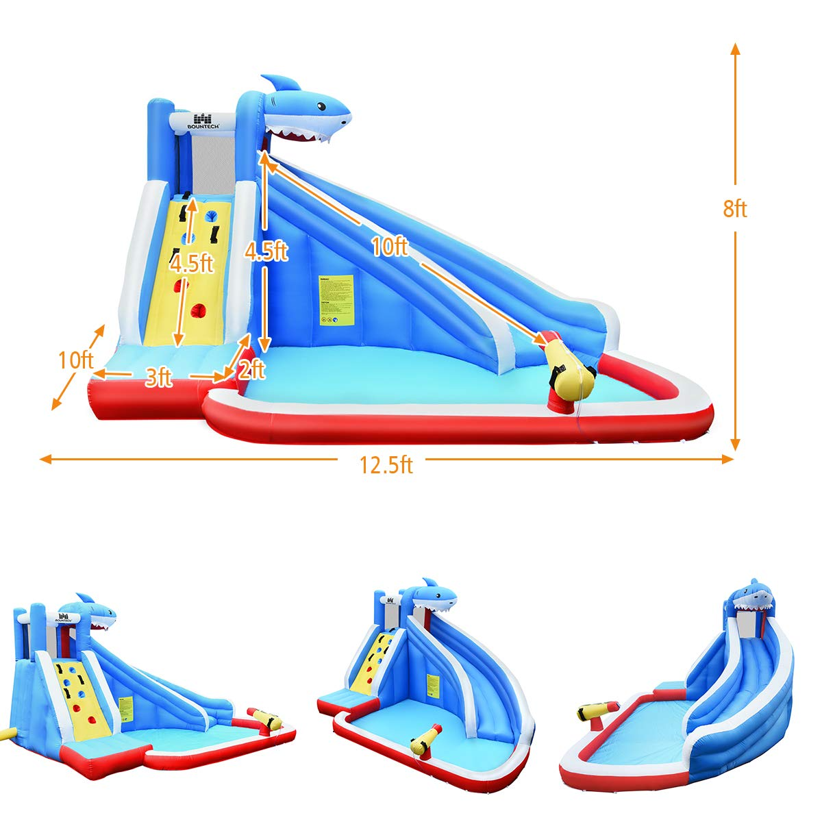 BOUNTECH 4 Kids Shark Themed Mighty Backyard Inflatable Water Slide w/ Climbing Wall