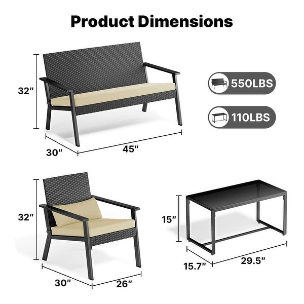 4 Pieces Patio Furniture Set with Deep Seat Cushions，Wicker Parlor Set with Table