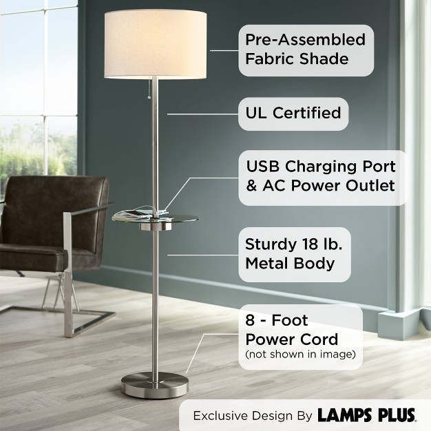 Tall Brushed Nickel Usb And Ac Power Outlet Off White Fabric Drum Shade For Living Room