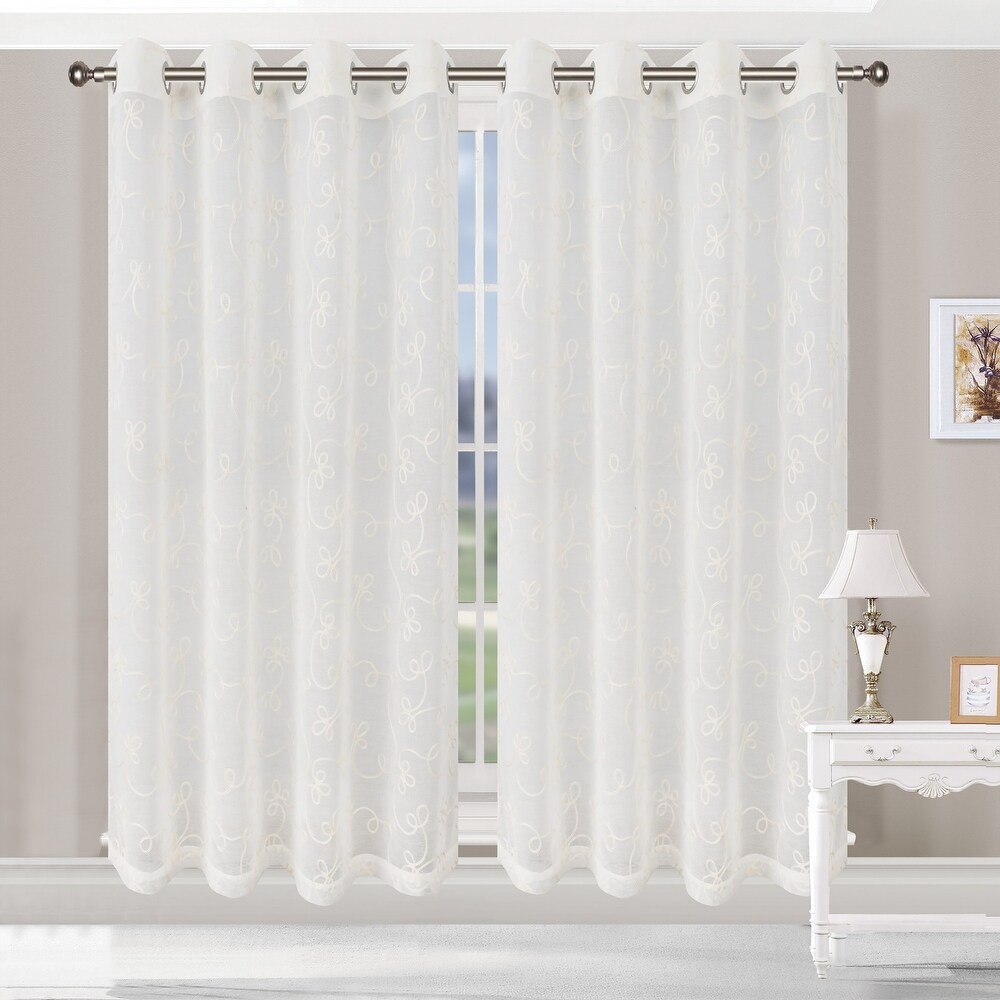 Superior Bohemian Floral Scroll Sheer Curtain Set with 2 Panels