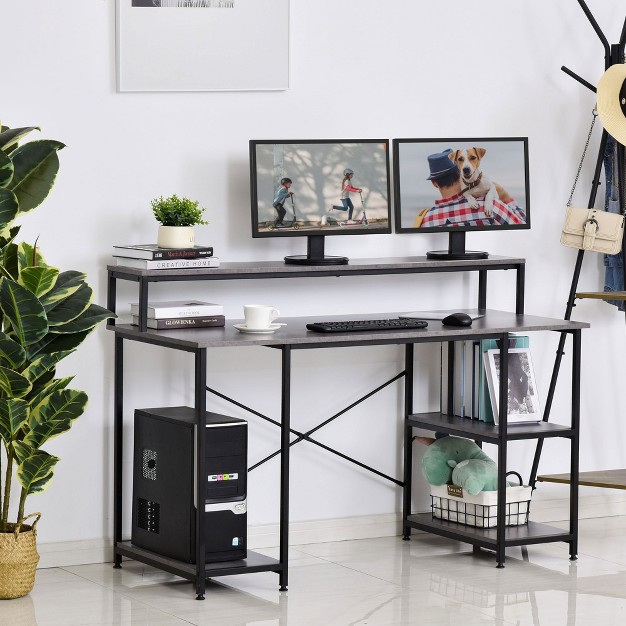 Homcom 55 Inch Home Office Computer Desk Study Writing Workstation With Storage Shelves Elevated Monitor Shelf Cpu Stand