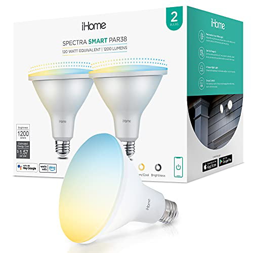 iHome Spectra Smart Flood Light White Light Bulb PAR38， 1200 Lumens， 13W， WiFi Smart Bulb， 2-Pack