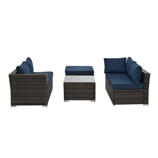 4Piece Patio Conversation Wicker Furniture Set，Sectional Sofa Set with Tempered Glass Coffee Table，Sofa Chair and Ottoman Sets