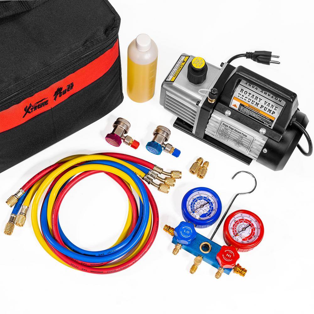 XtremepowerUS 14 HP 3 CFM Air Vacuum Pump HVAC AC Refrigerant Kit with AC Manifold Gauge Set 71097-H2