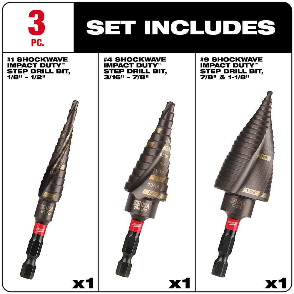 Milwaukee SHOCKWAVE Impact Duty Step Bit Electrician Set (#1 #4 #9) 48-89-9257 from Milwaukee