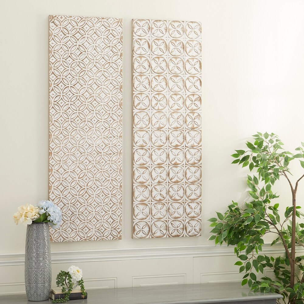 White Wooden Intricately Carved Geometric Wall Decor (Set of 2)
