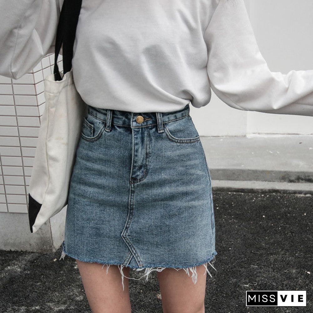 Vintage Washed Distressed Notched Light Denim Mini Skirt