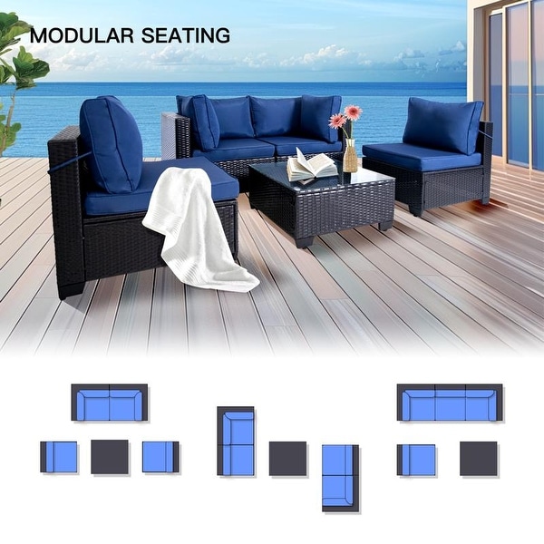 5 Pieces AllWeather PE Wicker Conversation Set with Navy Blue Cushions and Glass Table