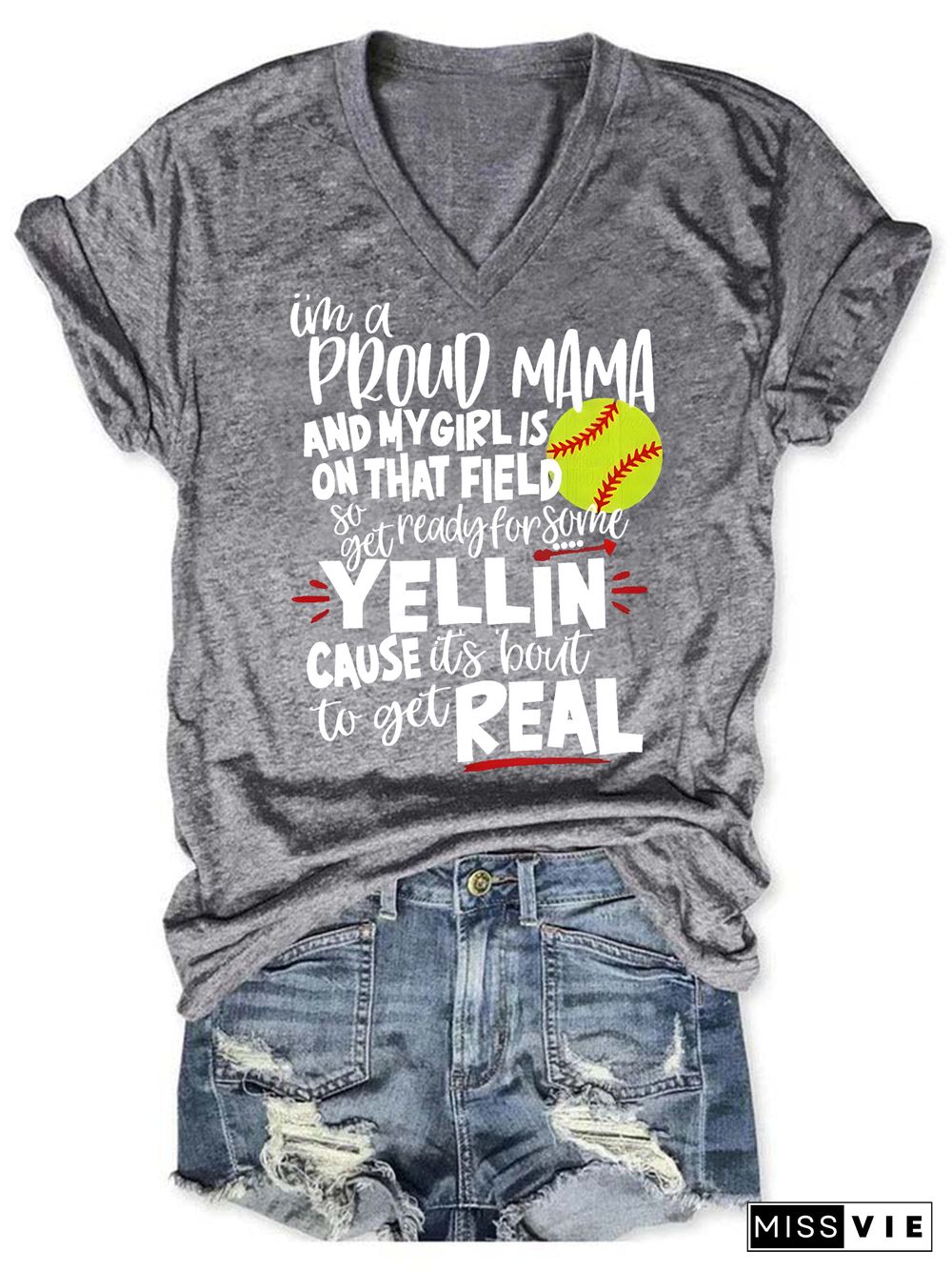 Proud Softball Mama V Neck T-Shirt