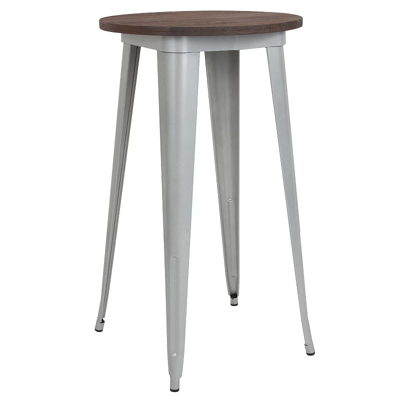 Merrick Lane 24 Round Metal Indoor Bar Height Table with Silver Galvanized Steel Frame and Walnut Rustic Wood Top