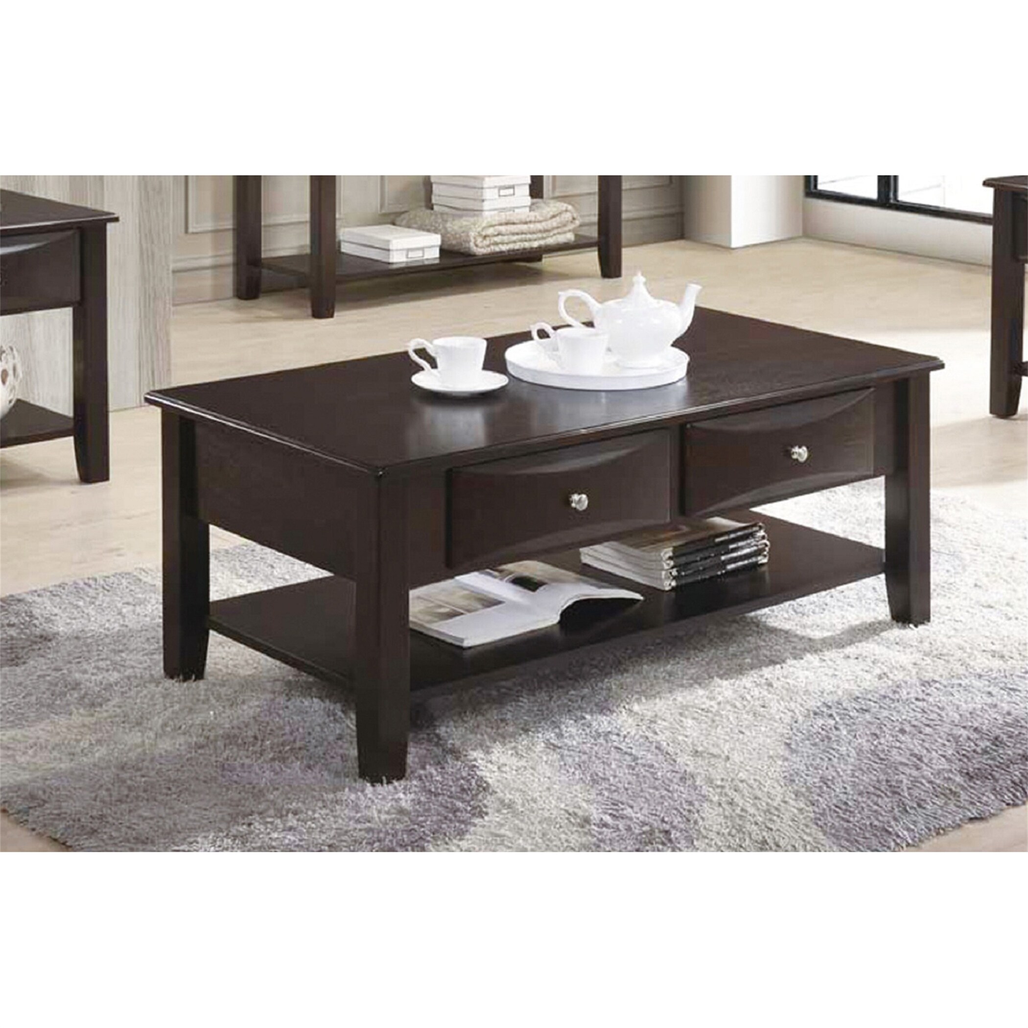 Coffee Table Rectangular Wooden End Table of Two Drawers in Brown