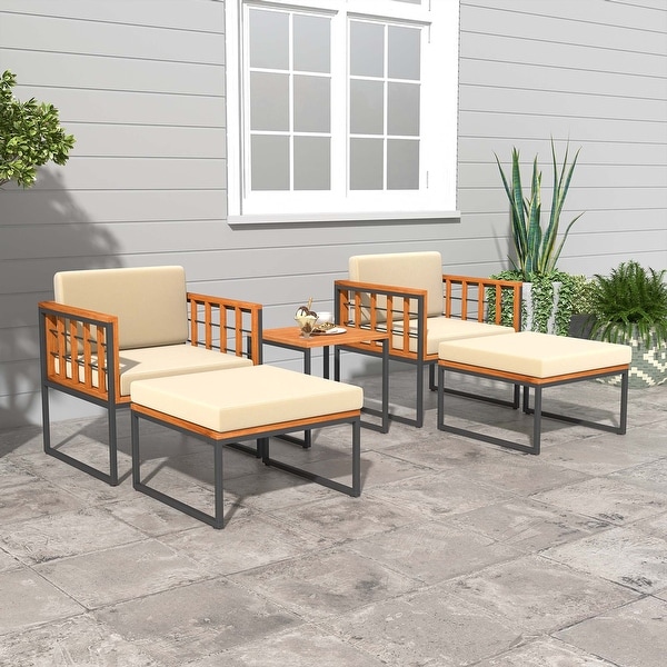 5 PCS Acacia Wood Patio Furniture Set Outdoor Conversation Set