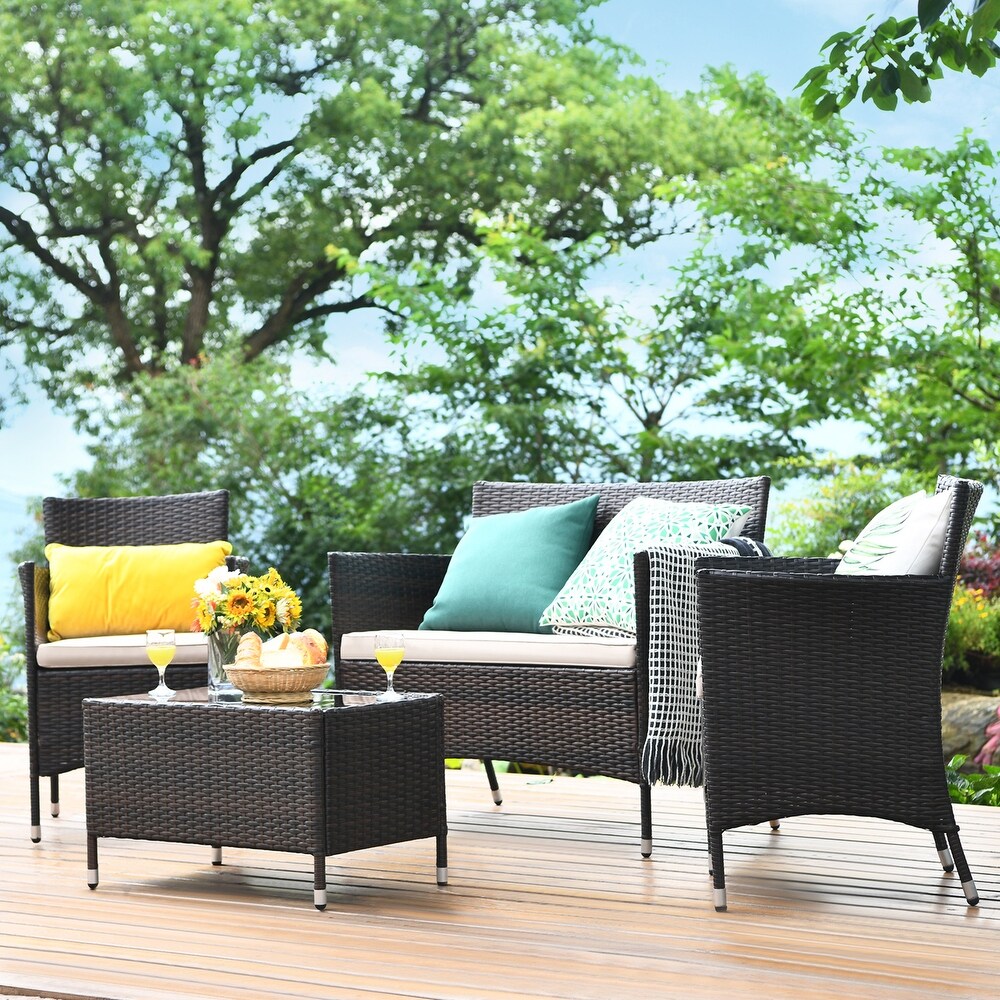 Gymax 4 Pieces Patio Rattan Conversation Furniture Set Outdoor w/