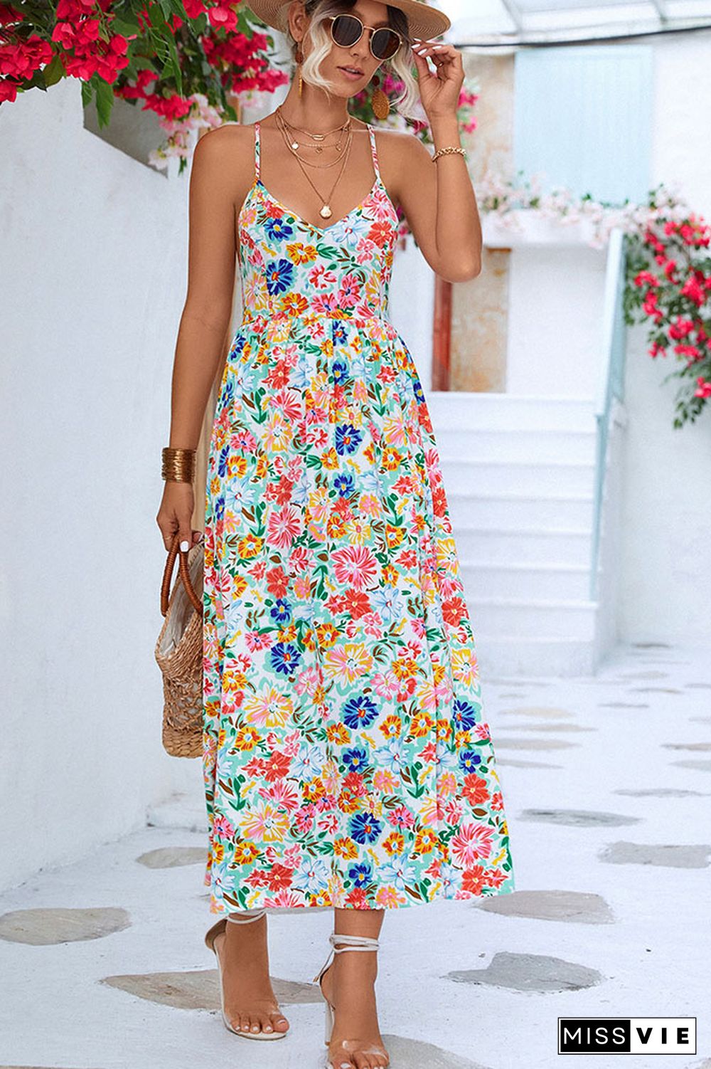 Backless Split Spaghetti Floral Dress