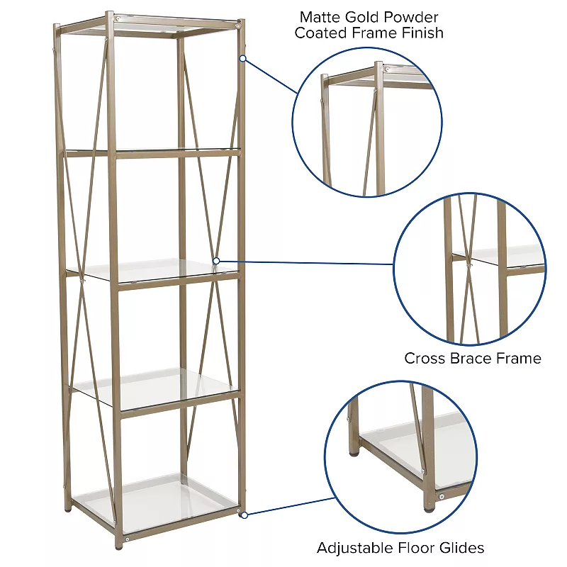 Merrick Lane Doniphan 64 Modern Bookshelf Glass 4-Shelf Bookcase with Powder Coated Matte Gold Cross Braced Frame