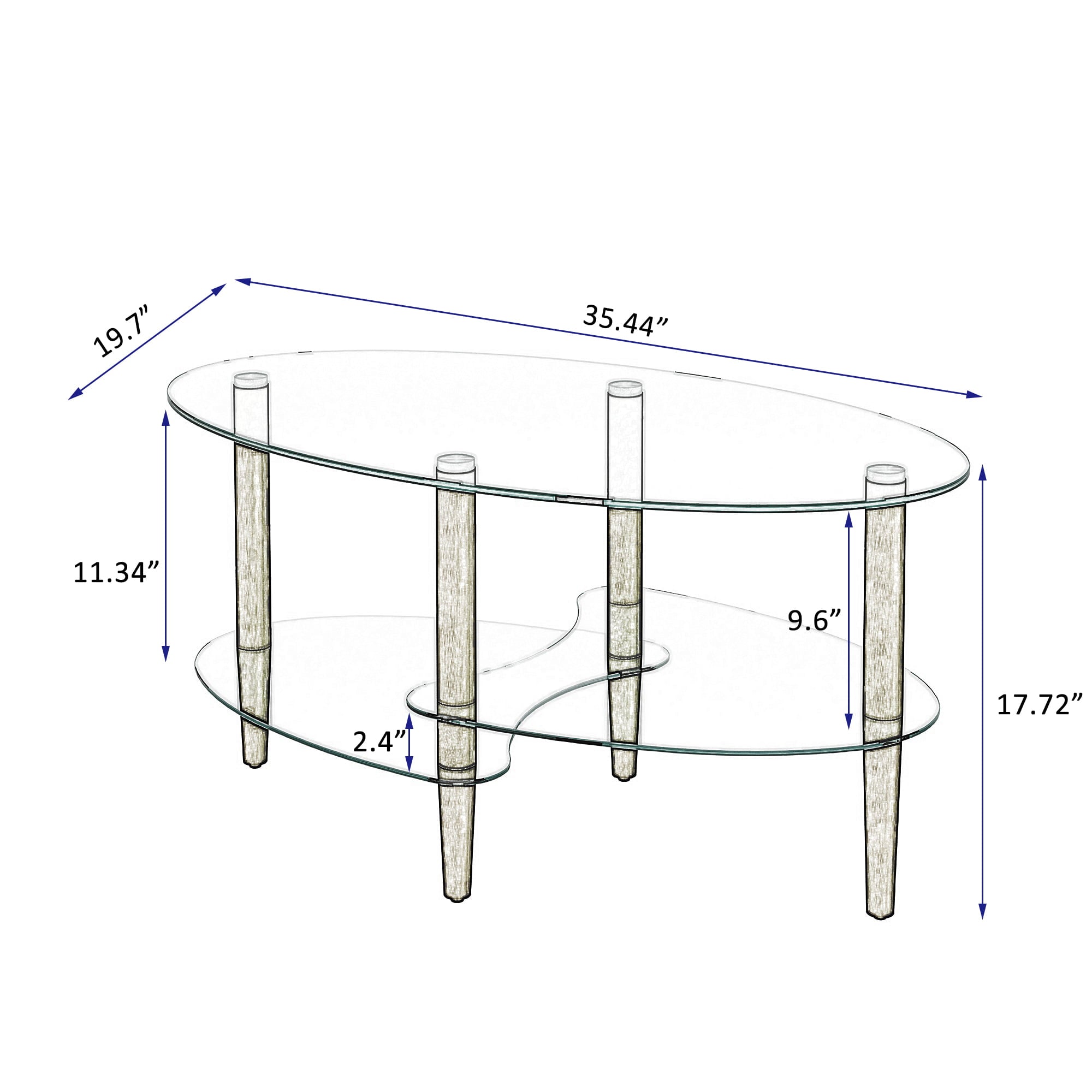 Glass Tea Table for Office, 3-Tier Modern Coffee Table, End Table for Living Room in Wood Leg (Clear)