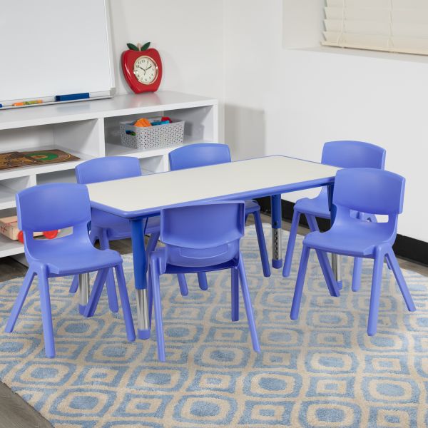 Flash Furniture 23.625''W x 47.25''L Adjustable Rectangular Blue Plastic Activity Table Set with 6 School Stack Chairs