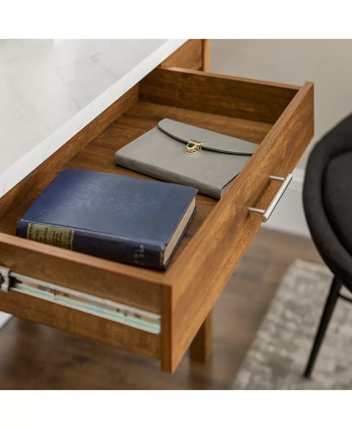 Walker Edison 46 A-Frame Desk with White Faux-Marble Top and Walnut Base