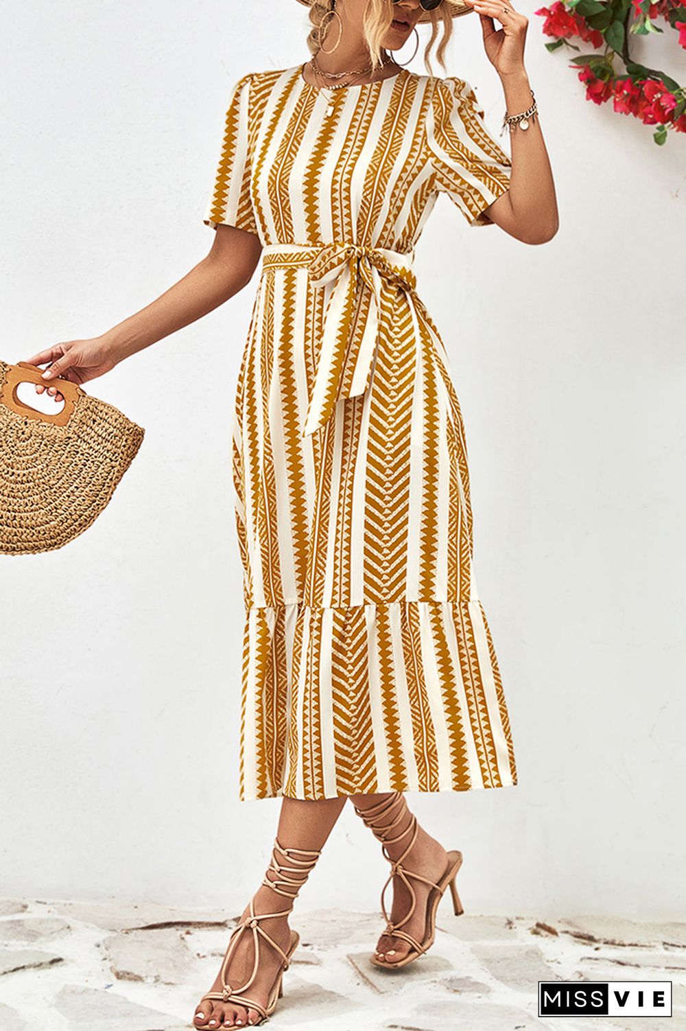 Geometric Striped Maxi Dress With Sash