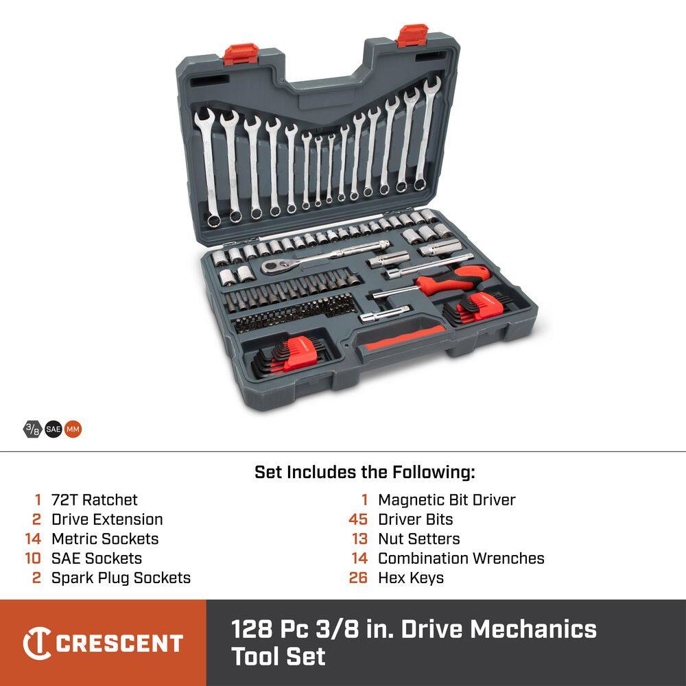 Crescent 38 in. Drive 12-Point Standard SAEMetric Mechanics Tool Set with Case (128-Piece) CTK128C