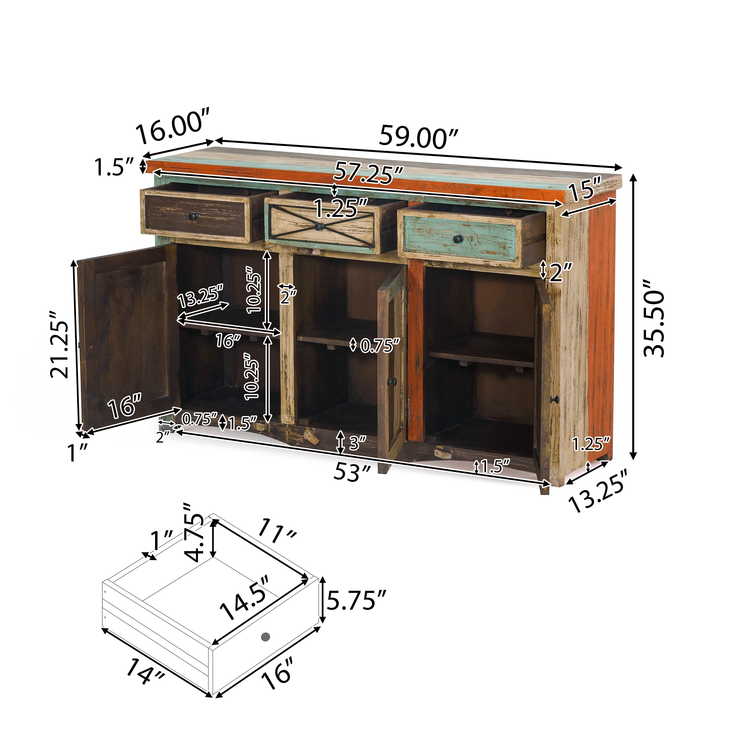 Tracey Handmade Distressed Mango Wood 56 Inch Sideboard, Multicolored