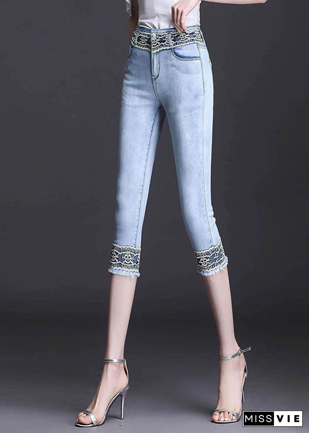 Boutique Light Blue High Waist Zip Up Lace Patchwork Slim Cotton Denim Crop Pants Summer