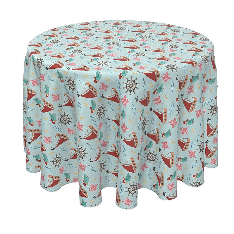 Round Tablecloth， 100% Polyester， 70 Round， Cartoon Pirate Ships