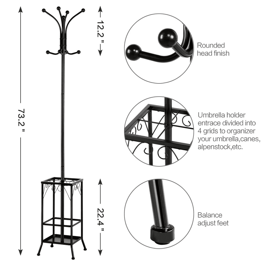 8 Hook Coat Hat Rack/Tree With Umbrella Holder， Black