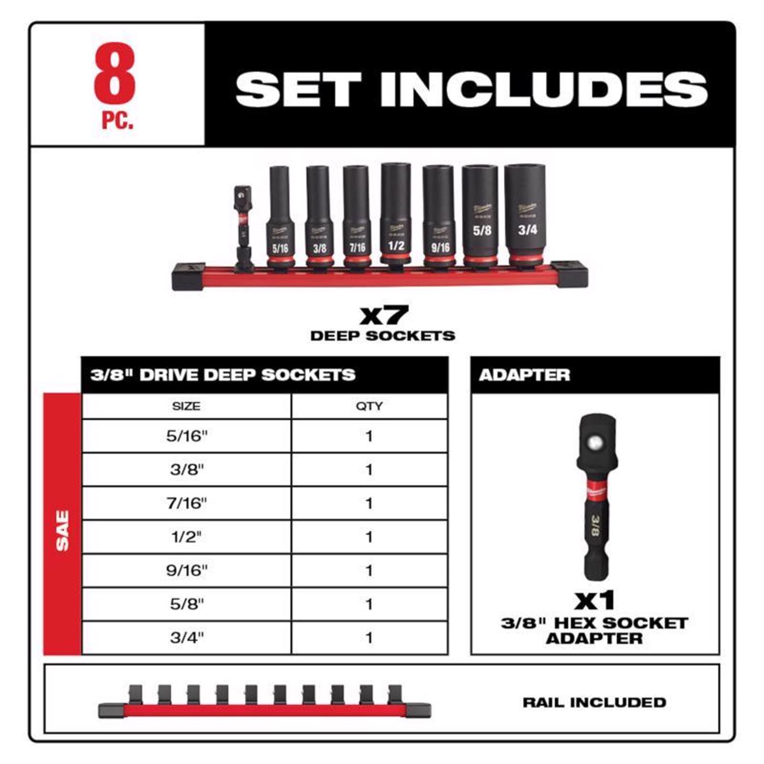 MW ShockWave 3/8 in. drive SAE 6 Point Deep Impact Rated Socket Set 8 pc