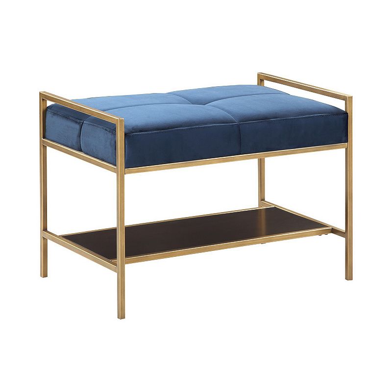 Metal Bench with Fabric Upholstered Plump Seats， Gold and Blue