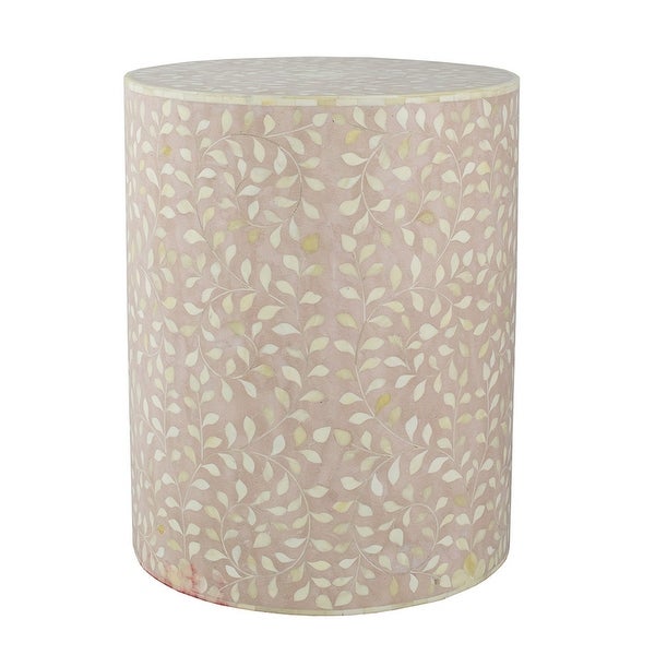 20 Inch Round Side End Table， Filigree Bone Inlay， Wood， Pale Pink， White