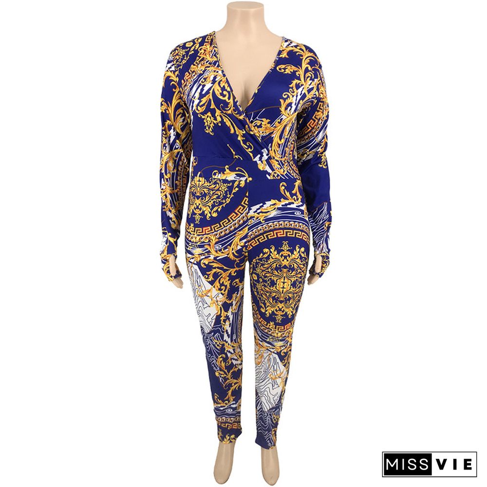 Stylish Printed Deep V Skinny Plus Size Jumpsuit