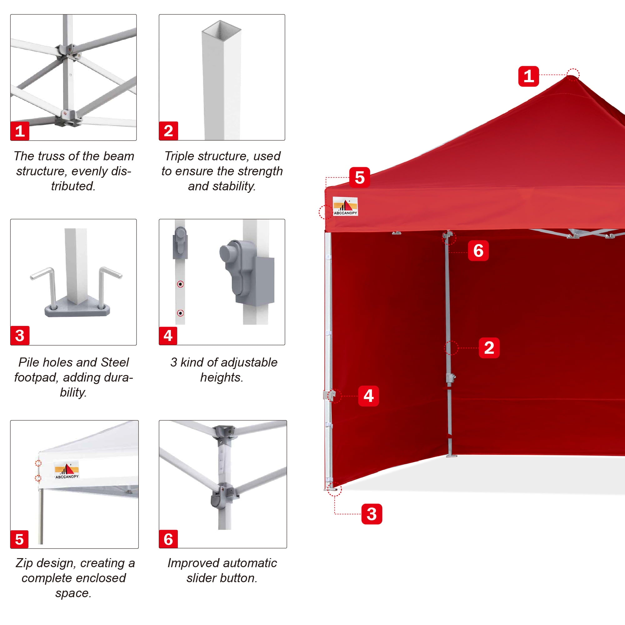 ABCCANOPY 10 ft x 10 ft Metal Pop-Up Commercial Canopy Tent with walls, Red