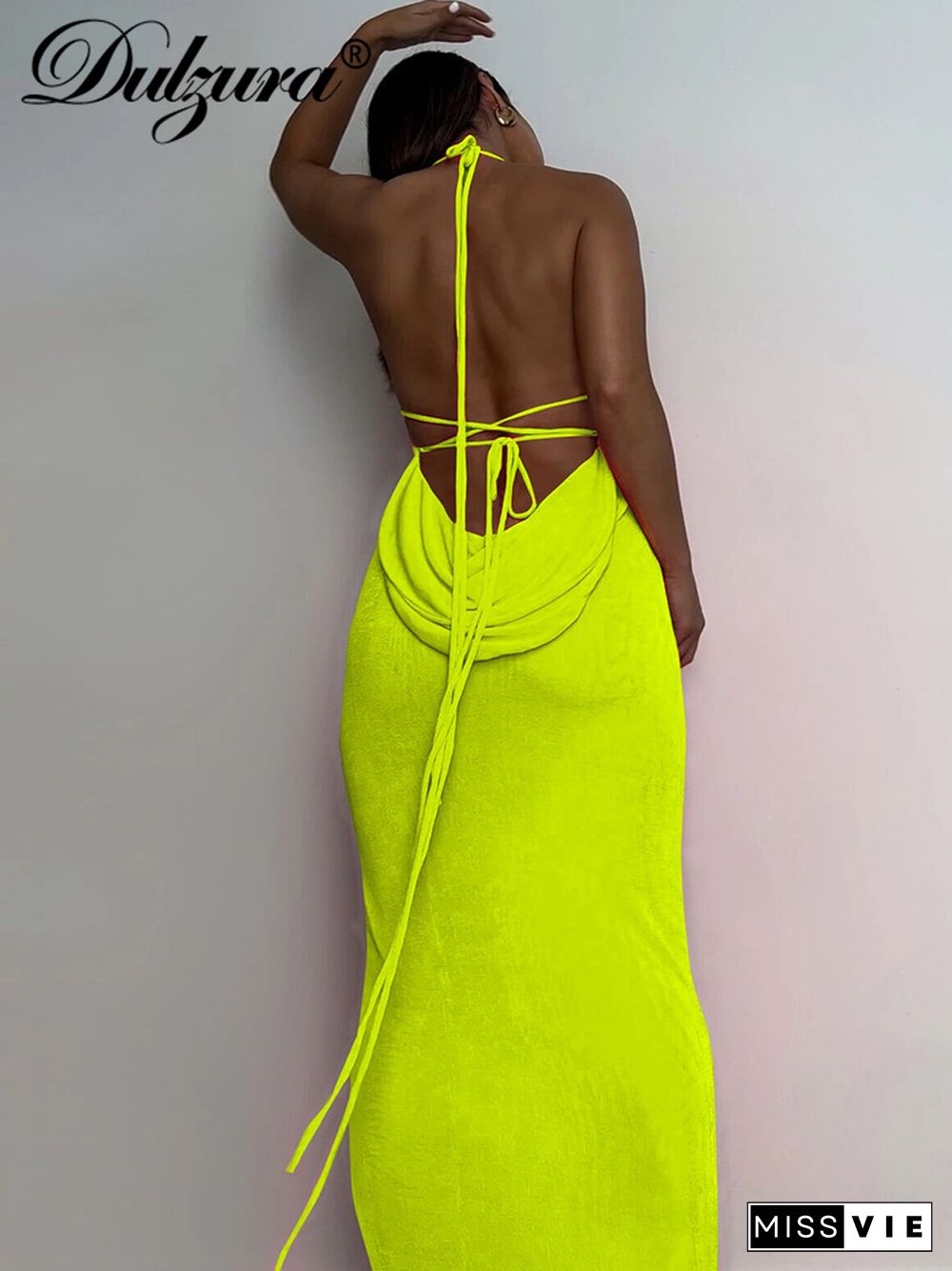 Dulzura Lace Up Halter Neon Maxi Dress Backless Bodycon Sexy Party Evening Elegant Club Outfits Birthday Festival Clothing