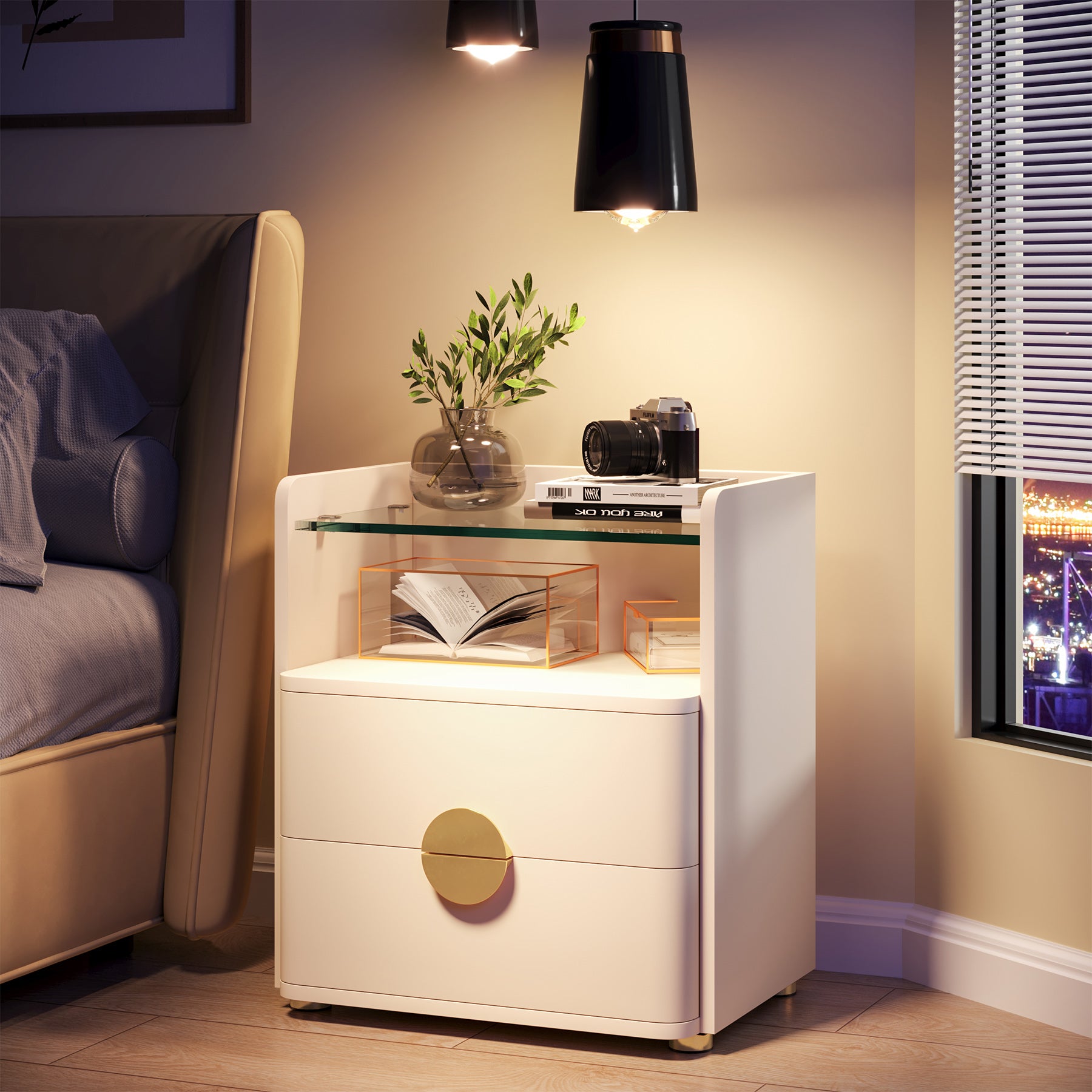 2-Drawer Nightstand, Modern Bedside Table with Open Storage