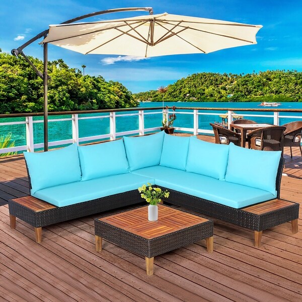 4 PCS Wood Patio Furniture Set Outdoor Rattan Sectional Sofa Set - Overstock - 35739951