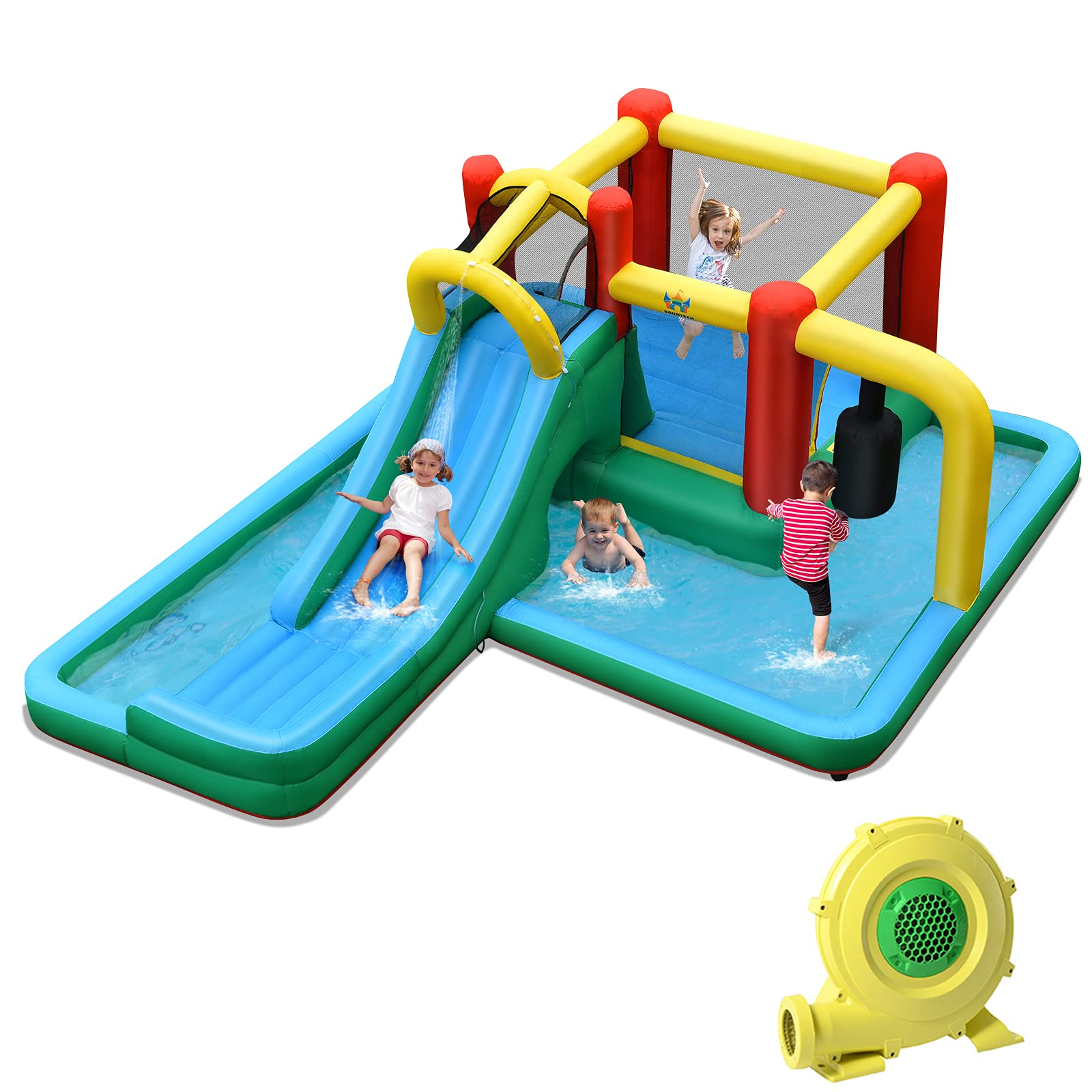 BOUNTECH 6-in-1 Kids Water Bounce House Jumping Castle for Wet Dry Combo with Long Slide