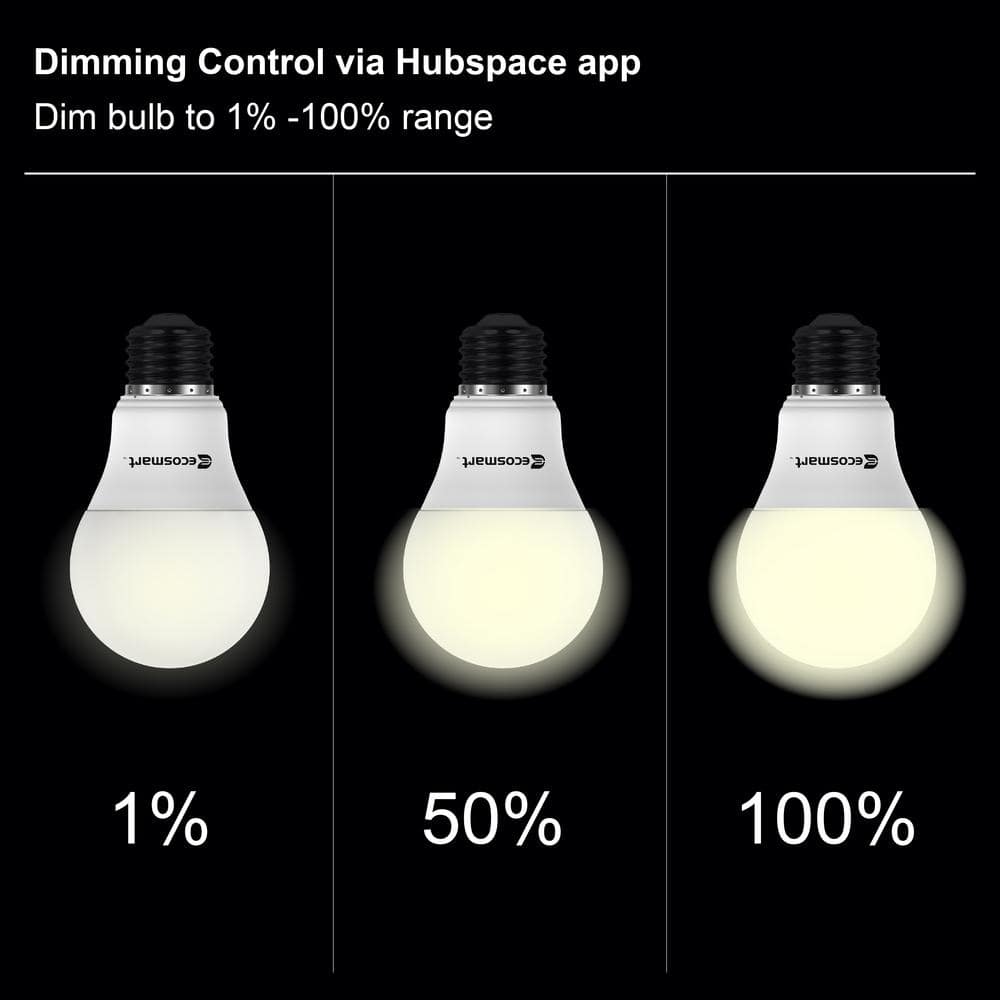 EcoSmart 60-Watt Equivalent Smart A19 LED Light Bulb Tunable White (1-Bulb) Powered by Hubspace A10A1960WQ1Z01