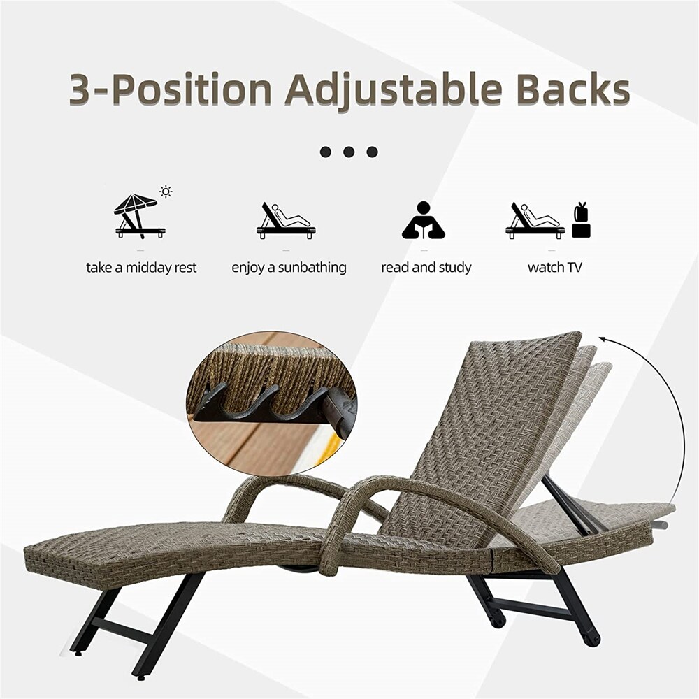 2 PCS Outdoor PE Wicker Chaise Lounge w/ Armrest   Adjustable Backrest