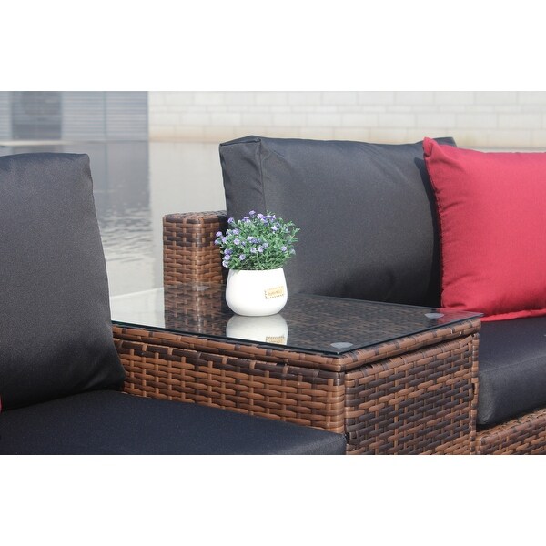 10 Pieces Outdoor Sectionals Sofa Patio Garden Brown Wicker Conversation Set with Black Cushions and Red Pillows for Poolside - Overstock - 37846946