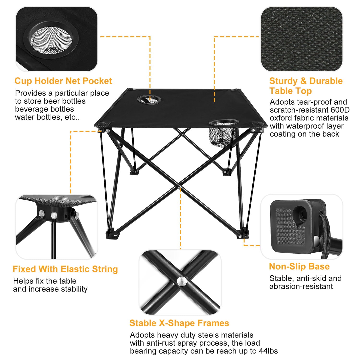 iMounTEK Portable Camping Folding Table Picnic Table Lightweight Travel Desk with Cup Holder Carrying Bag Beach Tables for Barbecue and Fishing， 18.5 in， 18.5 in