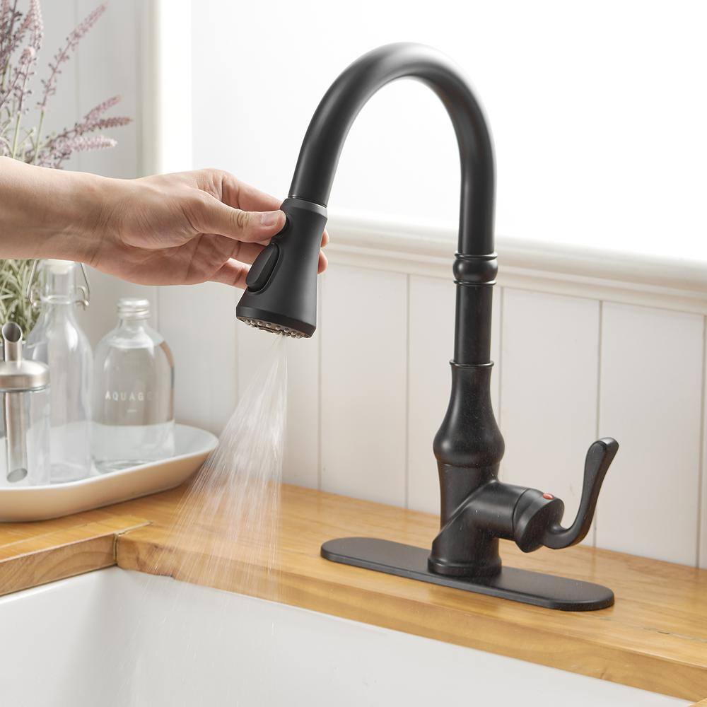 FORCLOVER Single Handle Gooseneck 3 Spray High Arc Pull Down Sprayer Kitchen Faucet with Deck Plate in Matte Black FRIMFYT11MB