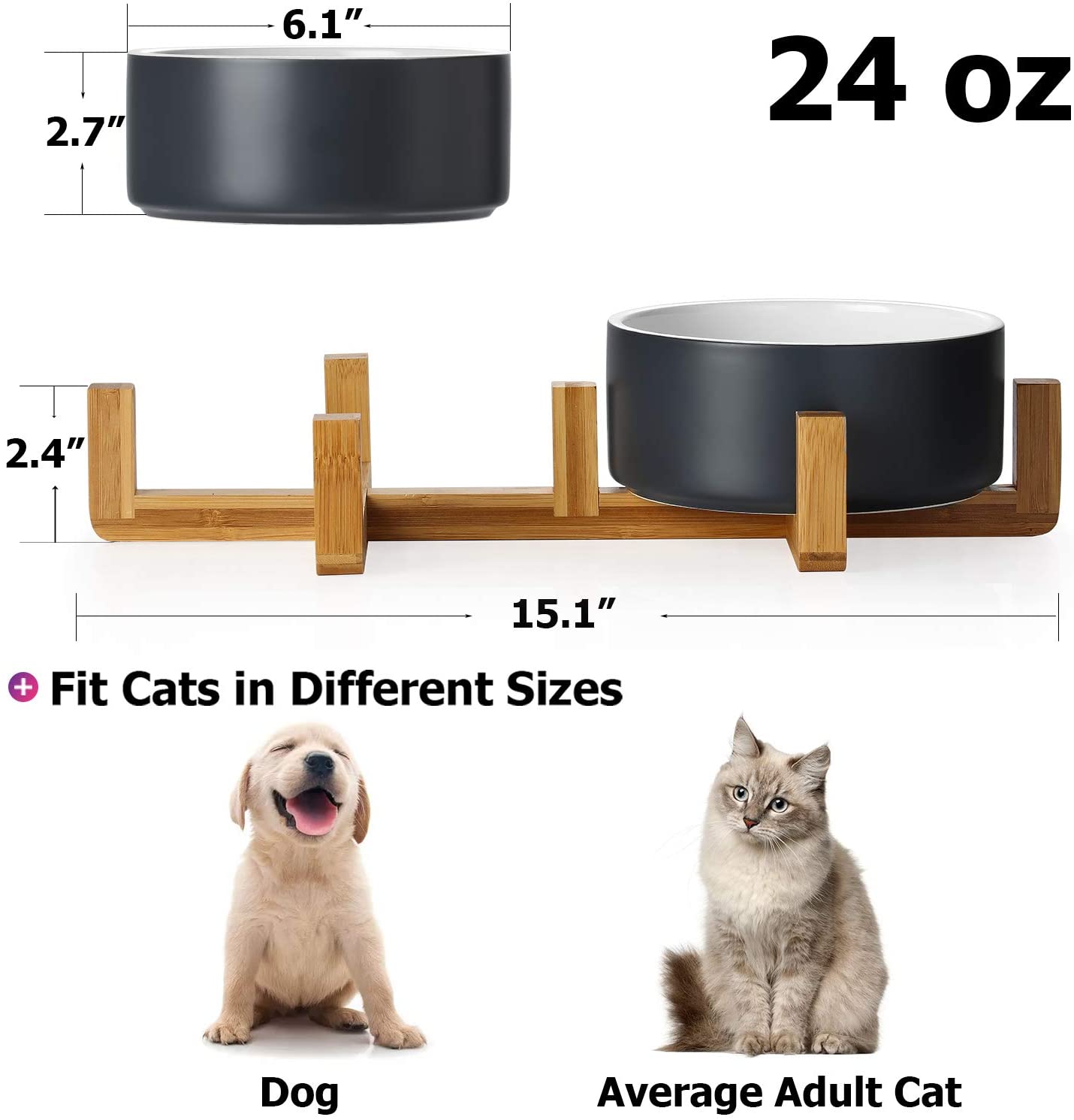 Y YHY Raised Dog Bowls Set of 2, Ceramic Dog Bowl Small Size Dog, 24oz Cat Bowls for Food and Water, Pet Bowls with Wood Stand for Small/Medium/Large Dogs or Cats, Dishwasher Safe