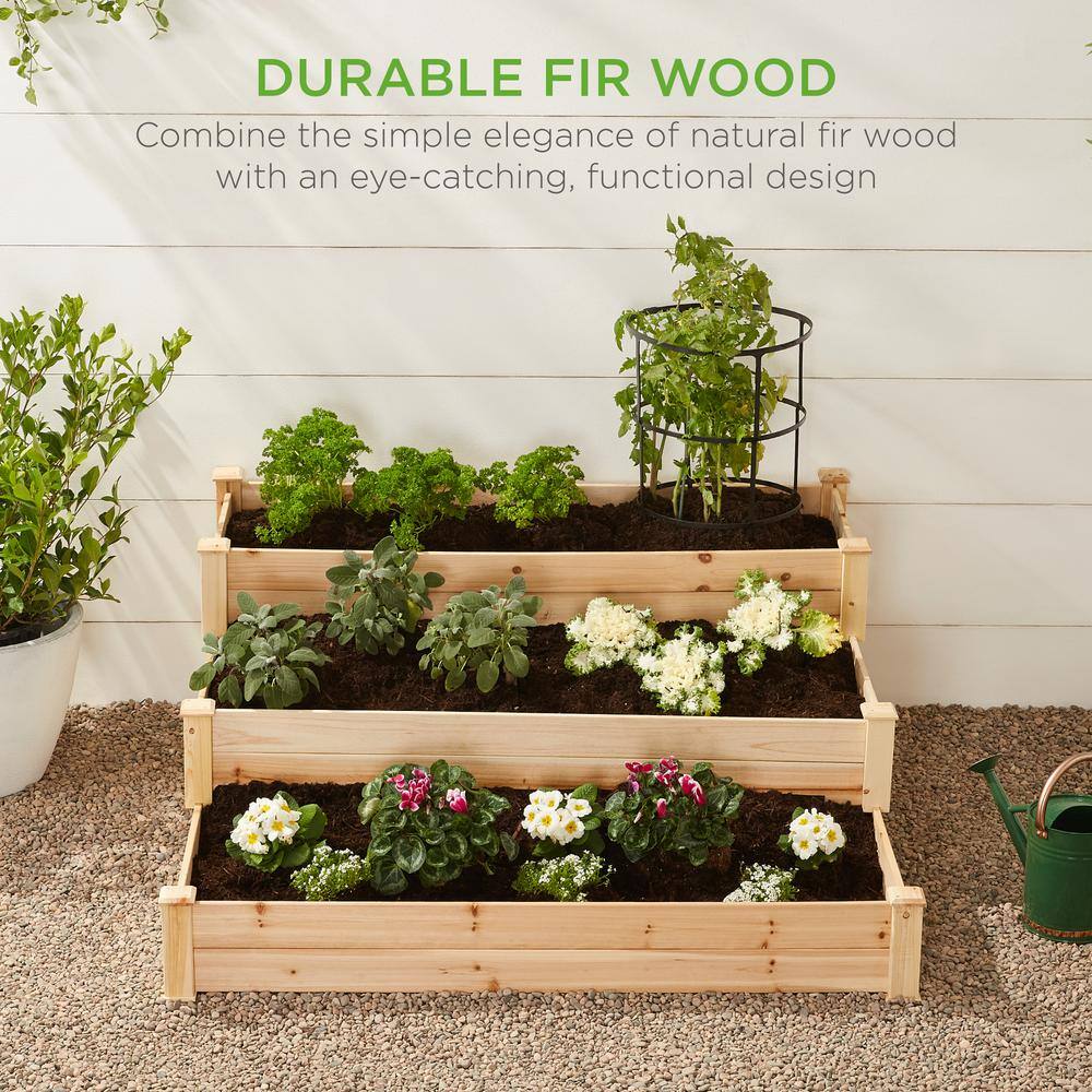 Best Choice Products 4 ft. x 4 ft. 3-Tier Wooden Raised Garden Bed Planter Kit for Plants Vegetables Outdoor Gardening - Natural SKY2375