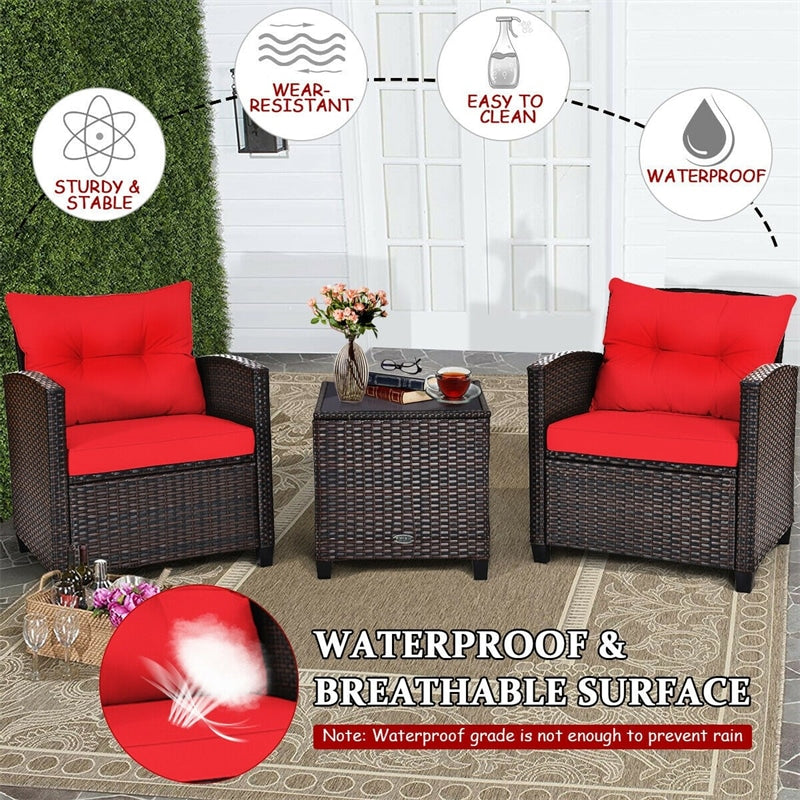 3 Pcs Rattan Patio Conversation Set Outdoor Wicker Sofa Set with Washable Cushions & Coffee Table