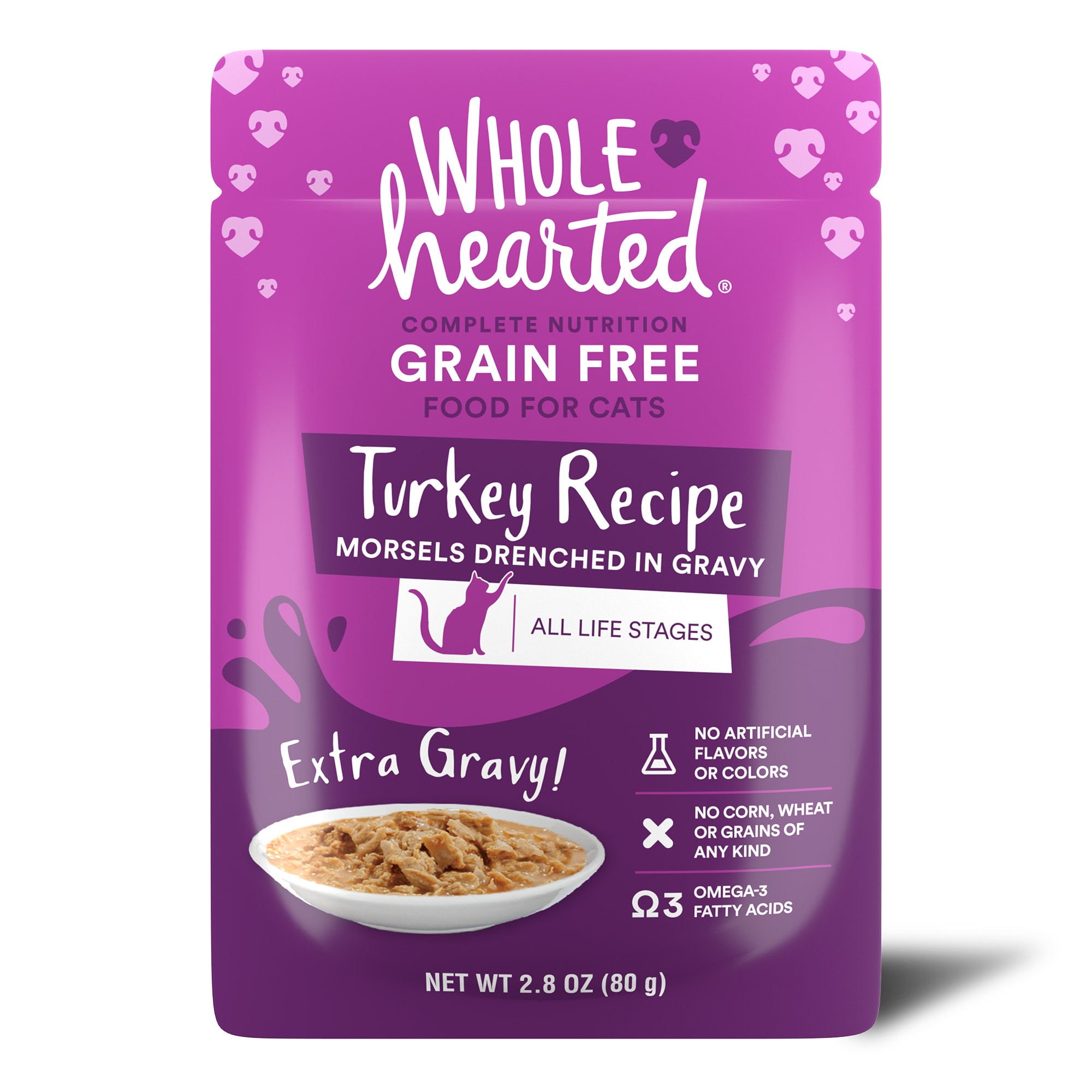 WholeHearted All Life Stages Grain-Free Turkey Recipe Morsels in Extra Gravy Wet Cat Food， 2.8 oz.， Case of 12