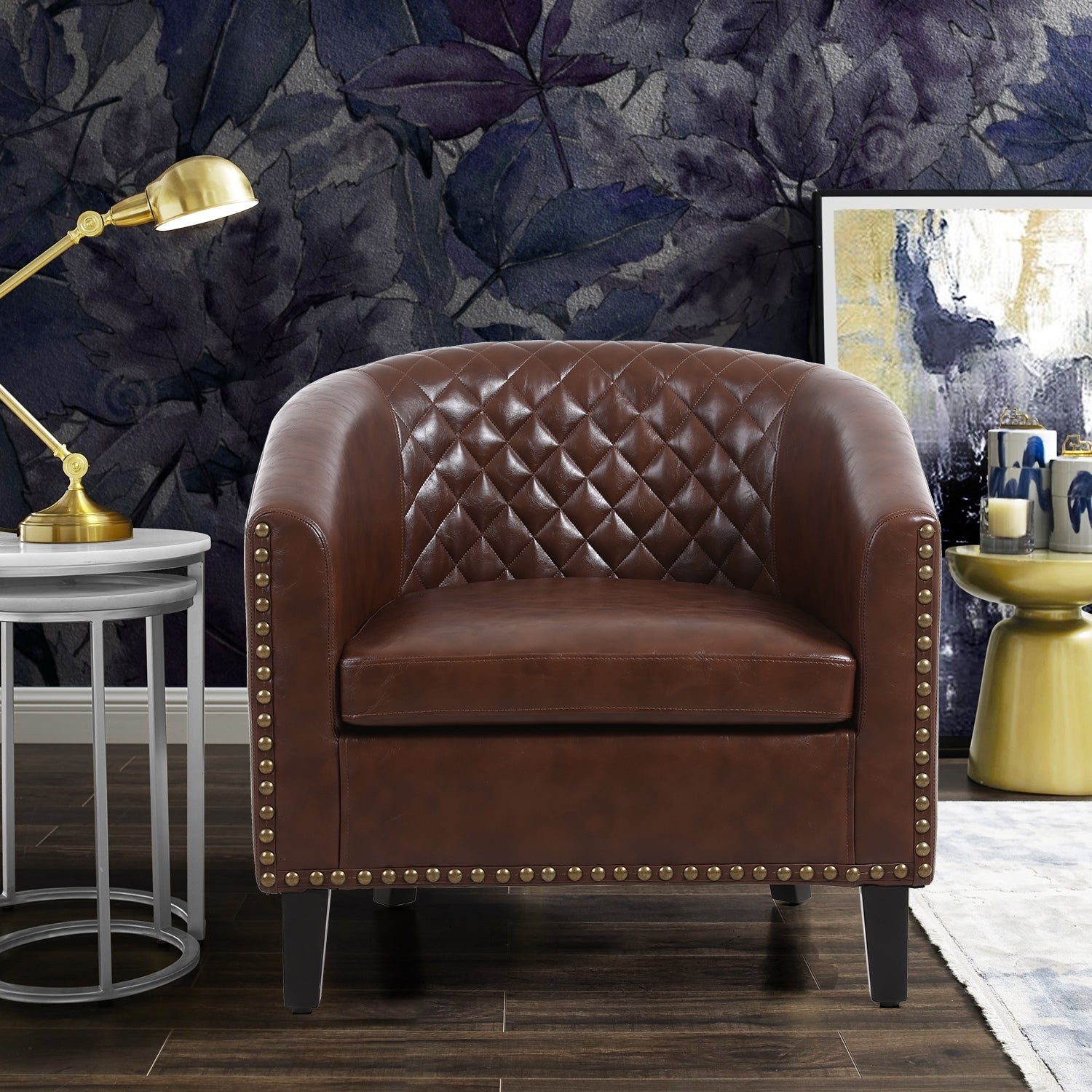 Leisure Pu Leather Accent Barrel Chair Curved Edges Livingroom Chair with Nailheads and Solid Wood Legs