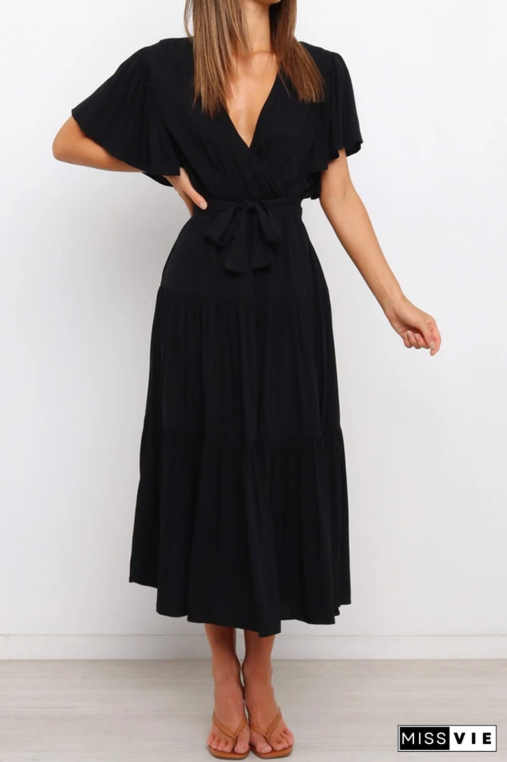 KarliDress Solid Ruffles Belted Maxi Dress P12790