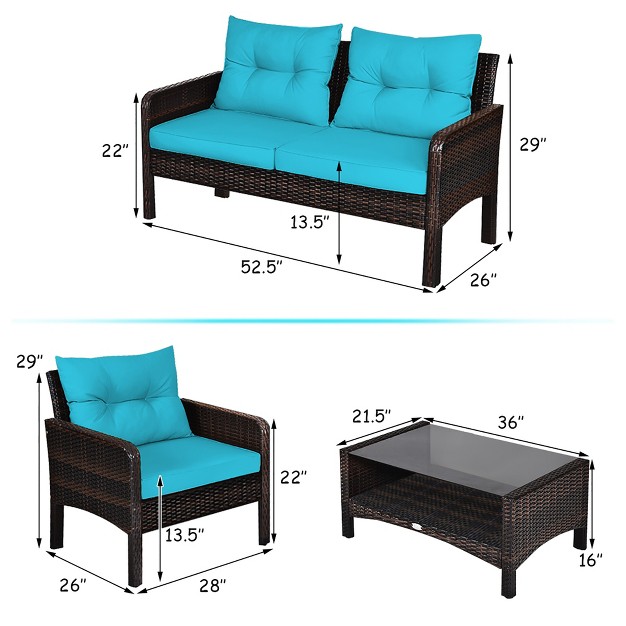 Costway 4pcs Patio Rattan Furniture Set Loveseat Sofa Coffee Table W turquoise Cushion